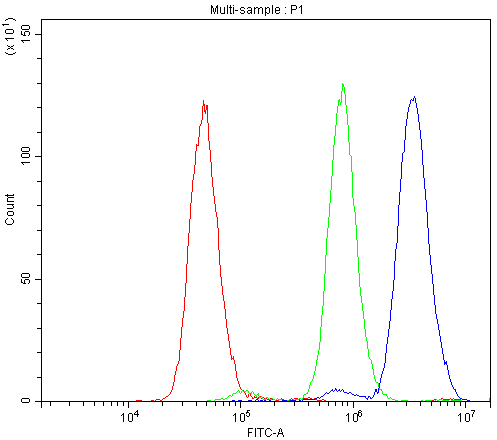 ABI1 / SSH3BP1 Antibody - Flow Cytometry analysis of Neuro-2a cells using anti-SSH3BP1 antibody. Overlay histogram showing Neuro-2a cells stained with anti-SSH3BP1 antibody (Blue line). The cells were blocked with 10% normal goat serum. And then incubated with rabbit anti-SSH3BP1 Antibody (1µg/10E6 cells) for 30 min at 20°C. DyLight®488 conjugated goat anti-rabbit IgG (5-10µg/10E6 cells) was used as secondary antibody for 30 minutes at 20°C. Isotype control antibody (Green line) was rabbit IgG (1µg/10E6 cells) used under the same conditions. Unlabelled sample (Red line) was also used as a control.