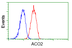 ACO2 / Aconitase 2 Antibody - Flow cytometry of Jurkat cells, using anti-ACO2 antibody, (Red) compared to a nonspecific negative control antibody (Blue).
