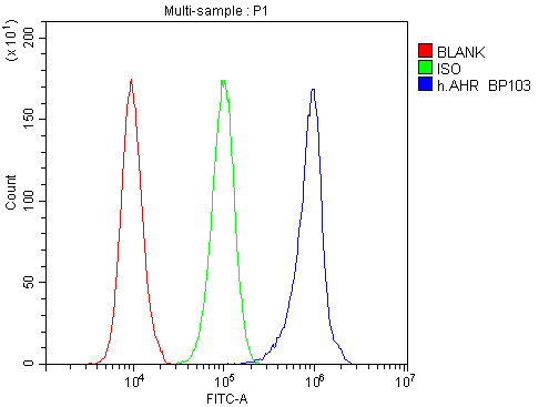 AHR Antibody - Flow Cytometry analysis of U87 cells using anti-AHR antibody. Overlay histogram showing U87 cells stained with anti-AHR antibody (Blue line). The cells were blocked with 10% normal goat serum. And then incubated with rabbit anti-AHR Antibody (1µg/10E6 cells) for 30 min at 20°C. DyLight®488 conjugated goat anti-rabbit IgG (5-10µg/10E6 cells) was used as secondary antibody for 30 minutes at 20°C. Isotype control antibody (Green line) was rabbit IgG (1µg/10E6 cells) used under the same conditions. Unlabelled sample (Red line) was also used as a control.