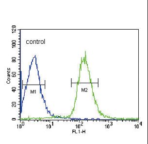 ALB / Serum Albumin Antibody - ALB Antibody flow cytometry of HepG2 cells (right histogram) compared to a negative control cell (left histogram). FITC-conjugated goat-anti-rabbit secondary antibodies were used for the analysis.