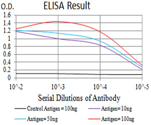ALCAM / CD166 Antibody - Black line: Control Antigen (100 ng);Purple line: Antigen (10ng); Blue line: Antigen (50 ng); Red line:Antigen (100 ng)