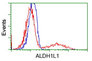 ALDH1L1 Antibody - HEK293T cells transfected with either overexpress plasmid (Red) or empty vector control plasmid (Blue) were immunostained by anti-ALDH1L1 antibody, and then analyzed by flow cytometry.