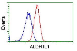 ALDH1L1 Antibody - Flow cytometry of HeLa cells, using anti-ALDH1L1 antibody, (Red), compared to a nonspecific negative control antibody, (Blue).