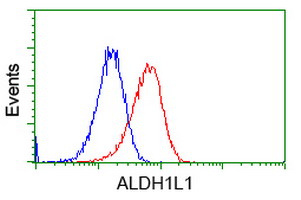 ALDH1L1 Antibody - Flow cytometric Analysis of Hela cells, using anti-ALDH1L1 antibody, (Red), compared to a nonspecific negative control antibody, (Blue).