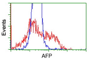 Alpha-Fetoprotein Antibody - HEK293T cells transfected with either overexpress plasmid (Red) or empty vector control plasmid (Blue) were immunostained by anti-AFP antibody, and then analyzed by flow cytometry.
