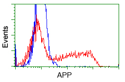 APP / Beta Amyloid Precursor Antibody - HEK293T cells transfected with either pCMV6-ENTRY APP (Red) or empty vector control plasmid (Blue) were immunostained with anti-APP mouse monoclonal, and then analyzed by flow cytometry.