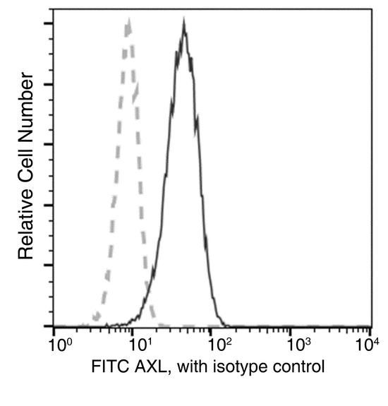AXL Antibody - Flow cytometric analysis of Human AXL expression on DU145 cells. Cells were stained with FITC-conjugated anti-Human AXL. The fluorescence histograms were derived from gated events with the forward and side light-scatter characteristics of intact cells.