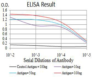 BAG1 / BAG-1 Antibody - Black line: Control Antigen (100 ng);Purple line: Antigen (10ng); Blue line: Antigen (50 ng); Red line:Antigen (100 ng)