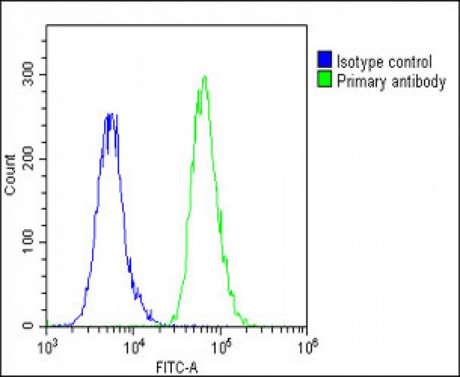 BCL2L10 / Diva Antibody - Overlay histogram showing A549 cells stained with BCL2L10 Antibody (Center) (green line). The cells were fixed with 2% paraformaldehyde (10 min) and then permeabilized with 90% methanol for 10 min. The cells were then icubated in 2% bovine serum albumin to block non-specific protein-protein interactions followed by the antibody (BCL2L10 Antibody (Center), 1:25 dilution) for 60 min at 37°C. The secondary antibody used was Goat-Anti-Rabbit IgG, DyLight® 488 Conjugated Highly Cross-Adsorbed (1583138) at 1/200 dilution for 40 min at 37°C. Isotype control antibody (blue line) was rabbit IgG1 (1µg/1x10^6 cells) used under the same conditions. Acquisition of >10, 000 events was performed.
