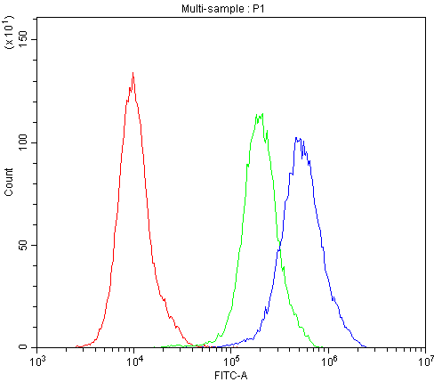 BCL2L2 / Bcl-w Antibody - Flow Cytometry analysis of PC-3 cells using anti-BCL2L2 antibody. Overlay histogram showing PC-3 cells stained with anti-BCL2L2 antibody (Blue line). The cells were blocked with 10% normal goat serum. And then incubated with rabbit anti-BCL2L2 Antibody (1µg/10E6 cells) for 30 min at 20°C. DyLight®488 conjugated goat anti-rabbit IgG (5-10µg/10E6 cells) was used as secondary antibody for 30 minutes at 20°C. Isotype control antibody (Green line) was rabbit IgG (1µg/10E6 cells) used under the same conditions. Unlabelled sample (Red line) was also used as a control.