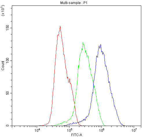 BIK Antibody - Flow Cytometry analysis of MCF-7 cells using anti-BIK antibody. Overlay histogram showing MCF-7 cells stained with anti-BIK antibody (Blue line). The cells were blocked with 10% normal goat serum. And then incubated with rabbit anti-BIK Antibody (1µg/10E6 cells) for 30 min at 20°C. DyLight®488 conjugated goat anti-rabbit IgG (5-10µg/10E6 cells) was used as secondary antibody for 30 minutes at 20°C. Isotype control antibody (Green line) was rabbit IgG (1µg/10E6 cells) used under the same conditions. Unlabelled sample (Red line) was also used as a control.