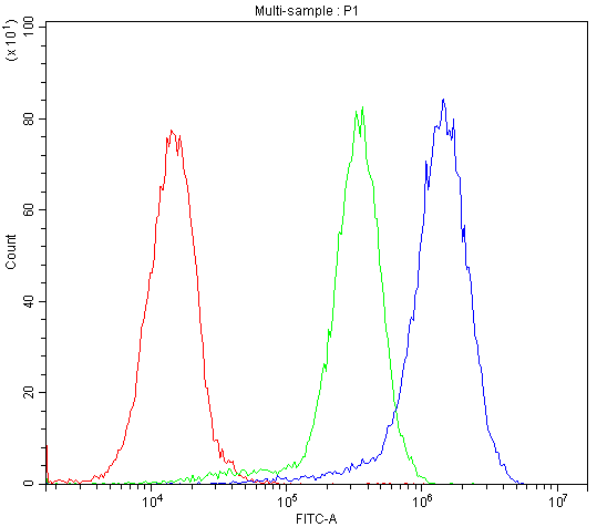 BMP5 Antibody - Flow Cytometry analysis of U20S cells using anti-BMP5 antibody. Overlay histogram showing U20S cells stained with anti-BMP5 antibody (Blue line). The cells were blocked with 10% normal goat serum. And then incubated with rabbit anti-BMP5 Antibody (1µg/10E6 cells) for 30 min at 20°C. DyLight®488 conjugated goat anti-rabbit IgG (5-10µg/10E6 cells) was used as secondary antibody for 30 minutes at 20°C. Isotype control antibody (Green line) was rabbit IgG (1µg/10E6 cells) used under the same conditions. Unlabelled sample (Red line) was also used as a control.