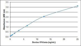 IFN Beta / Interferon Beta Protein - Recombinant Bovine interferon beta detected using Goat anti Bovine interferon beta as the capture reagent and Goat anti Bovine interferon beta:Biotin as the detection reagent followed by Streptavidin:HRP.