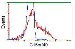 C15orf40 Antibody - HEK293T cells transfected with either overexpress plasmid (Red) or empty vector control plasmid (Blue) were immunostained by anti-C15orf40 antibody, and then analyzed by flow cytometry.