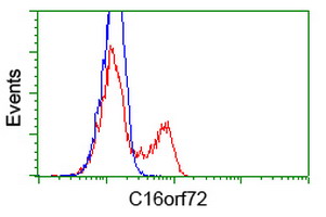 C16orf72 Antibody - HEK293T cells transfected with either overexpress plasmid (Red) or empty vector control plasmid (Blue) were immunostained by anti-C16orf72 antibody, and then analyzed by flow cytometry.
