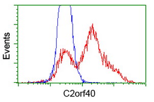 C2orf40 / ECRG4 Antibody - HEK293T cells transfected with either overexpress plasmid (Red) or empty vector control plasmid (Blue) were immunostained by anti-C2orf40 antibody, and then analyzed by flow cytometry.
