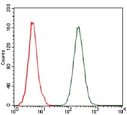 CCL2 / MCP1 Antibody - Flow Cytometry: MCP1 Antibody (2D8) - Flow cytometric analysis of A549 cells using MCP1 mouse mAb (green) and negative control (red).  This image was taken for the unconjugated form of this product. Other forms have not been tested.