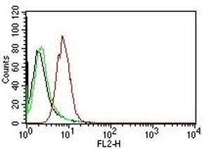 CCND1 / Cyclin D1 Antibody - Flow cytometry of human HeLa cells. Black: cells alone; Green: isotype control; Red: PE-labeled Cyclin D1 antibody (CCND1/809).  This image was taken for the unmodified form of this product. Other forms have not been tested.