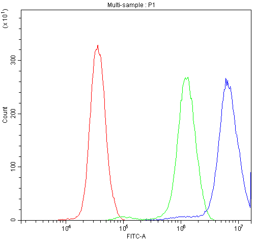 CCT4 / SRB Antibody - Flow Cytometry analysis of PC-3 cells using anti-CCT4 antibody. Overlay histogram showing PC-3 cells stained with anti-CCT4 antibody (Blue line). The cells were blocked with 10% normal goat serum. And then incubated with rabbit anti-CCT4 Antibody (1µg/10E6 cells) for 30 min at 20°C. DyLight®488 conjugated goat anti-rabbit IgG (5-10µg/10E6 cells) was used as secondary antibody for 30 minutes at 20°C. Isotype control antibody (Green line) was rabbit IgG (1µg/10E6 cells) used under the same conditions. Unlabelled sample (Red line) was also used as a control