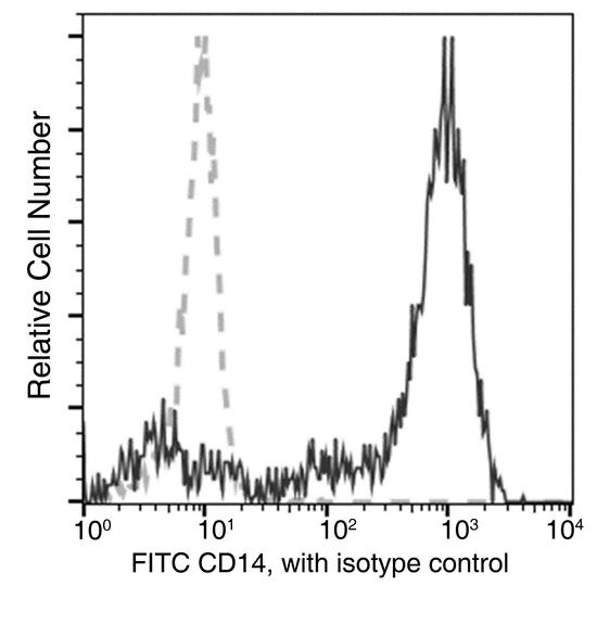 CD14 Antibody - Flow cytometric analysis of Cynomolgus CD14 expression on Cynomolgus monocytes. Cells were stained with FITC-conjugated anti-Cynomolgus CD14. The fluorescence histograms were derived from gated events with the forward and side light-scatter characteristics of viable monocytes.