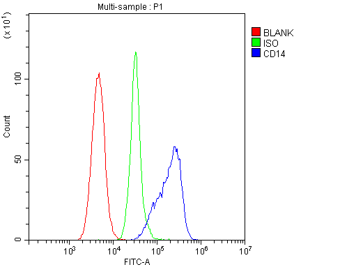 CD14 Antibody - Flow Cytometry analysis of mouse PBMC cells using anti-CD14 antibody. Overlay histogram showing mouse PBMC cells stained with anti-CD14 antibody (Blue line). The cells were blocked with 10% normal goat serum. And then incubated with rabbit anti-CD14 Antibody (1µg/10E6 cells) for 30 min at 20°C. DyLight®488 conjugated goat anti-rabbit IgG (5-10µg/10E6 cells) was used as secondary antibody for 30 minutes at 20°C. Isotype control antibody (Green line) was rabbit IgG (1µg/10E6 cells) used under the same conditions. Unlabelled sample (Red line) was also used as a control.