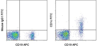 CD1C Antibody - Staining of normal human peripheral blood cells with FITC Mouse IgG1 Isotype Control (left) or anti-human CD1c (right) and APC anti-human CD19 (HIB19). Total viable cells were used for this analysis. This image was taken for the unconjugated form of this product. Other forms have not been tested.