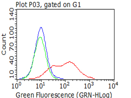 CD2 Antibody - Flow cytometric analysis of living 293T cells transfected with CD2 overexpression plasmid  Red)/empty vector  Blue) using anti-CD2 antibody. Cells incubated with a non-specific antibody. (Green) were used as isotype control. (1:100)
