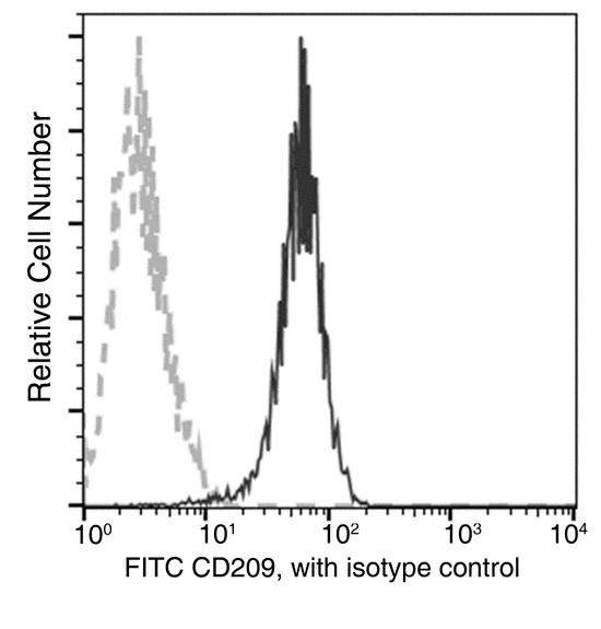 CD209 / DC-SIGN Antibody - Flow cytometric analysis of Human CD209 expression on DC. Cells were stained with FITC-conjugated anti-Human CD209. The fluorescence histograms were derived from gated events with the forward and side light-scatter characteristics of intact cells.