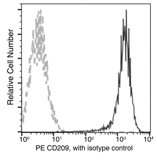 CD209 / DC-SIGN Antibody - Flow cytometric analysis of Human CD209 expression on DC. Cells were stained with PE-conjugated anti-Human CD209. The fluorescence histograms were derived from gated events with the forward and side light-scatter characteristics of intact cells.