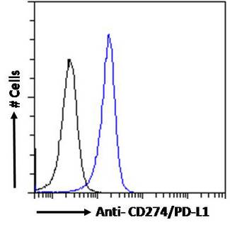 CD274 / B7-H1 / PD-L1 Antibody - CD274 / B7-H1 / PD-L1 antibody flow cytometric analysis of paraformaldehyde fixed Jurkat cells (blue line), permeabilized with 0.5% Triton. Primary incubation 1hr (10ug/ml) followed by Alexa Fluor 488 secondary antibody (1ug/ml). IgG control: Unimmunized goat IgG (black line) followed by Alexa Fluor 488 secondary antibody.