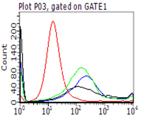 CD274 / B7-H1 / PD-L1 Antibody - Detection of PDL1 neutralizing antibody using MACS column. GFP+/PDL1+ 293T cells. (co-transfected with PDL1 and GFP plasmid PS10010) were incubated with either PDL1 antibody, non-specific antibody(green),isotype control(blue) or PBS(black) and then mixed with PD1+ 293T cells  linked with magnetic-beads. The mixed cells were pulled down using MACS column. (Miltenyi Biotec) and analysed by Flow Cytometry. GFP+/PDL1+ cells would not be collected if PD1/PDL1 interaction is neutralized by the tested antibody. (1:50)