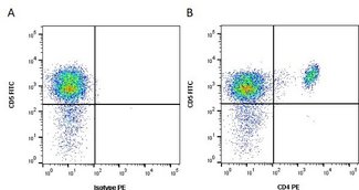 CD4 Antibody - Figure A. FITC conjugated Mouse anti Pig CD5 and Alexa Fluor 647 conjugated Mouse IgG1 isotype control detected with Goat anti Mouse IgG1:RPE. Figure B. FITC conjugated Mouse anti Pig CD5 and Mouse anti Pig CD4 detected with Goat anti Mouse IgG1:RPE. All experiments performed on frozen porcine blood gated on live single cell lymphocytes in the presence of 10% pig serum. Data acquired on the ZE5™ Cell Analyzer.