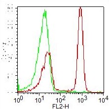 CD4 Antibody - Fig-1: Cell Surface flow analysis of PE conjugated hCD4 in PBMC using 0.2 µg/10^6 cells (5 µl/ test). Green represents PE conjugated isotype control; red represents PE Conjugated anti-hCD4 antibody (-P).