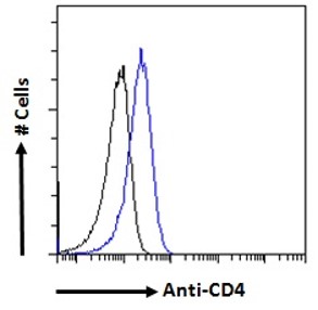 CD4 Antibody - CD4 antibody flow cytometric analysis of paraformaldehyde fixed Jurkat cells (blue line), permeabilized with 0.5% Triton. Primary incubation 1hr (10ug/ml) followed by Alexa Fluor 488 secondary antibody (1ug/ml). IgG control: Unimmunized goat IgG (black line) followed by Alexa Fluor 488 secondary antibody.