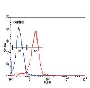 CD44 Antibody - CD44 Antibody flow cytometry of HeLa cells (right histogram) compared to a negative control cell (left histogram). PE-conjugated goat-anti-mouse secondary antibodies were used for the analysis.