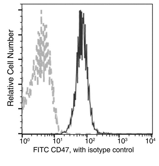 CD47 Antibody - Flow cytometric analysis of Human CD47 expression on human whole blood lymphocytes. Cells were stained with FITC-conjugated anti-Human CD47. The fluorescence histograms were derived from gated events with the forward and side light-scatter characteristics of viable lymphocytes.