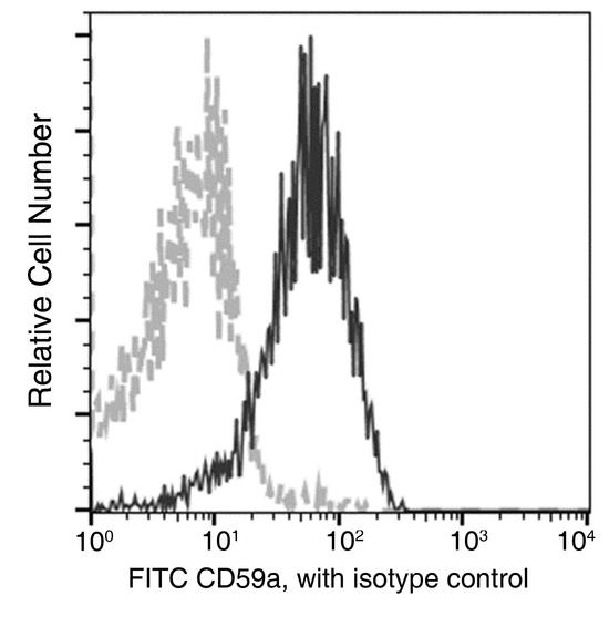 cd59a Antibody - Flow cytometric analysis of Mouse CD59a expression on BABL/c bone marrow erythroid cells. Cells were stained with FITC-conjugated anti-Mouse CD59a. The fluorescence histograms were derived from gated events with the forward and side light-scatter characteristics of erythroid cells.