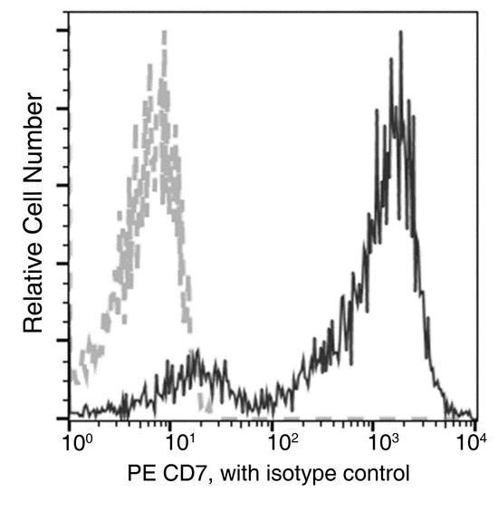 CD7 Antibody - Flow cytometric analysis of Human CD7 expression on human whole blood Lymphocytes. Cells were stained with PE-conjugated anti-Human CD7. The fluorescence histograms were derived from gated events with the forward and side light-scatter characteristics of viable Lymphocytes.