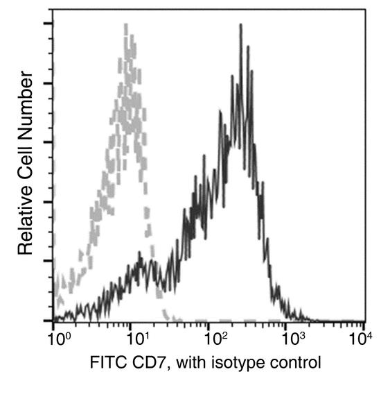 CD7 Antibody - Flow cytometric analysis of Human CD7 expression on human whole blood Lymphocytes. Cells were stained with FITC-conjugated anti-Human CD7. The fluorescence histograms were derived from gated events with the forward and side light-scatter characteristics of viable Lymphocytes.