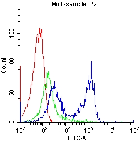 CD7 Antibody - Flow Cytometry analysis of PBMC cells using anti-CD7 antibody. Overlay histogram showing PBMC cells stained with anti-CD7 antibody (Blue line). The cells were blocked with 10% normal goat serum. And then incubated with rabbit anti-CD7 Antibody (1µg/1x106 cells) for 30 min at 20°C. DyLight®488 conjugated goat anti-rabbit IgG (5-10µg/1x106 cells) was used as secondary antibody for 30 minutes at 20°C. Isotype control antibody (Green line) was rabbit IgG (1µg/1x106) used under the same conditions. Unlabelled sample (Red line) was also used as a control.