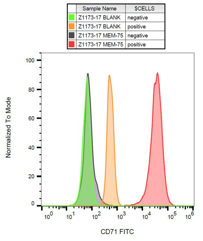 CD71 / Transferrin Receptor Antibody - Surface staining of CD71 in K562 cells (positive) and lymfocytes (negative) using anti-CD71 (MEM-75) FITC.