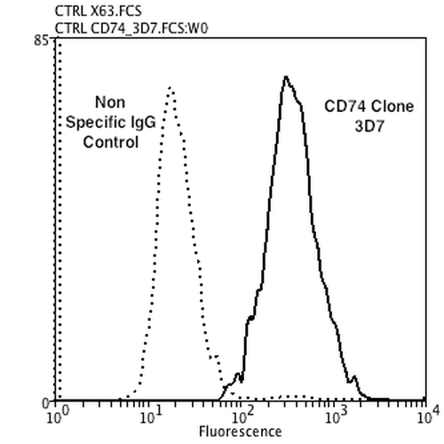 CD74 / CLIP Antibody - Flow Cytometry analysis using Mouse Anti-CD74 Monoclonal Antibody, Clone 3D7. Tissue: Neuroblastoma cells (SH-SY5Y). Species: Human. Fixation: 90% Methanol. Primary Antibody: Mouse Anti-CD74 Monoclonal Antibody  at 1:100 for 30 min on ice. Secondary Antibody: Goat Anti-Mouse: PE at 1:100 for 20 min at RT. Isotype Control: Non Specific IgG. Cells were subject to heat shock at 42°C for 2 hours and transferred to CO2 incubator at 37°C for 1 hour before trypsinization.