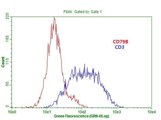 CD79B / CD79 Beta Antibody - Flow cytometric Analysis of Jurkat cells, using anti-CD79B antibody. (Red),compared to anti-CD3 antibody. (Blue). (1:100)