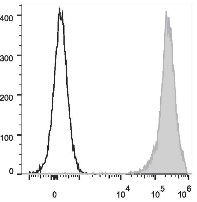 CD90.1 (Mouse) Antibody - Rat thymocytes are stained with Anti-Rat CD90/Mouse CD90.1 Monoclonal Antibody(FITC Conjugated)(filled gray histogram). Unstained thymocytes (empty black histogram) are used as control.