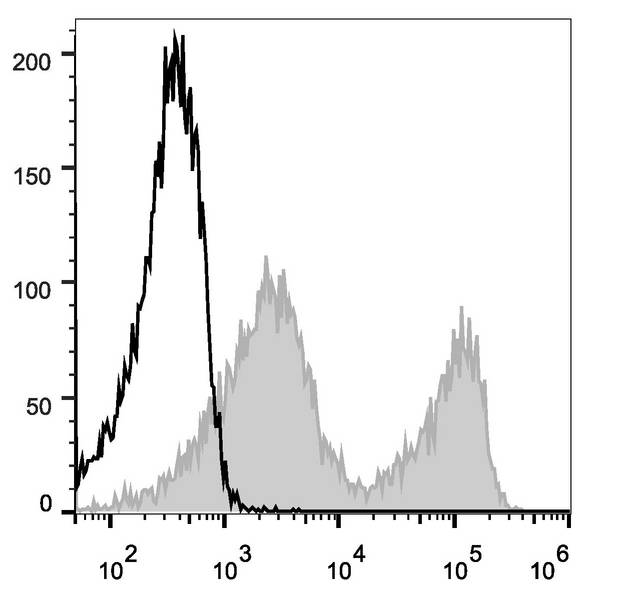 CD90.2 (Mouse) Antibody - C57BL/6 murine splenocytes are stained with Anti-Mouse CD90.2 Monoclonal Antibody(AF488 Conjugated)[Used at 0.2 µg/10<sup>6</sup> cells dilution](filled gray histogram). Unstained splenocytes (empty black histogram) are used as control.