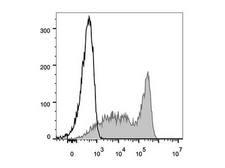 CD90.2 (Mouse) Antibody - C57BL/6 murine splenocytes are stained with Anti-Mouse CD90.2 Monoclonal Antibody(FITC Conjugated)[Used at 0.2 µg/10<sup>6</sup> cells dilution](filled gray histogram). Unstained splenocytes (empty black histogram) are used as control.
