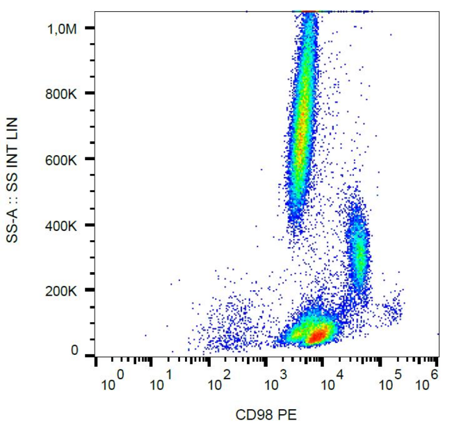 CD98 Antibody - Surface staining of human peripheral blood cells with anti-human CD98 (MEM-108) PE. 