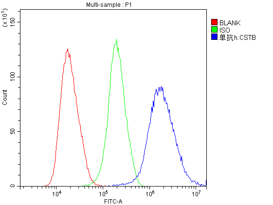 CSTB / Cystatin B / Stefin B Antibody - Flow Cytometry analysis of PC-3 cells using anti-Stefin B antibody. Overlay histogram showing PC-3 cells stained with anti-Stefin B antibody (Blue line). The cells were blocked with 10% normal goat serum. And then incubated with mouse anti-Stefin B Antibody (1µg/10E6 cells) for 30 min at 20°C. DyLight®488 conjugated goat anti-mouse IgG (5-10µg/10E6 cells) was used as secondary antibody for 30 minutes at 20°C. Isotype control antibody (Green line) was mouse IgG (1µg/10E6 cells) used under the same conditions. Unlabelled sample (Red line) was also used as a control.