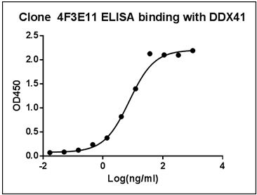 DDX41 / ABS Antibody - ELISA binding of Human DDX41 Antibody (4F3E11) with Human DDX41 recombinant protein. Coating antigen: DDX41, 1 µg/ml. DDX41 antibody dilution start from 1000 ng/ml, EC50= 7.589 ng/ml.