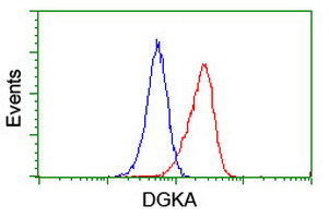 DGKA Antibody - Flow cytometry of Jurkat cells, using anti-DGKA antibody (Red), compared to a nonspecific negative control antibody (Blue).